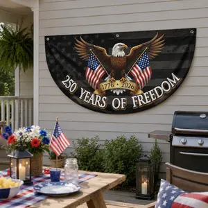 America 250th Birthday Semicircular Flag Banner 1776–2026 Patriotic Bunting, USA Independence Day Porch Decor Flag, Fourth Of July Patriotic Half Fan Flag Decoration For Porch Fence Yard, Outdoor Decr，SummerVibes，SummerWins ，DealsForYouDays