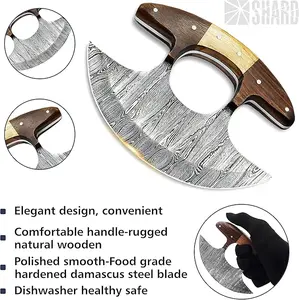 Alaskan Ulu Knife with Sheath, Handmade Forged 6" Damascus Steel Pizza Cutter Rocker Knife with Non-Slip Wooden Handle, Premium Food Salad Chopper Knife, Traditional Inuit Eskimo Ulu Copper