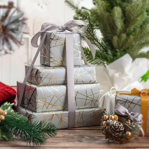 Mini Wrapping Paper Roll-17inch x 16.5ft Embossing 3D Dark Grey with Gold Foil Geometric Design for Christmas, Birthday, Wedding, Baby Shower, Bridal Shower, Party