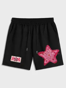 Gothic Unisex Pentagram Patch Print Drawstring Waist Shorts, Fashion Streetwear, Comfortable and Stylish Design, Natural Waist, H Type Silhouette