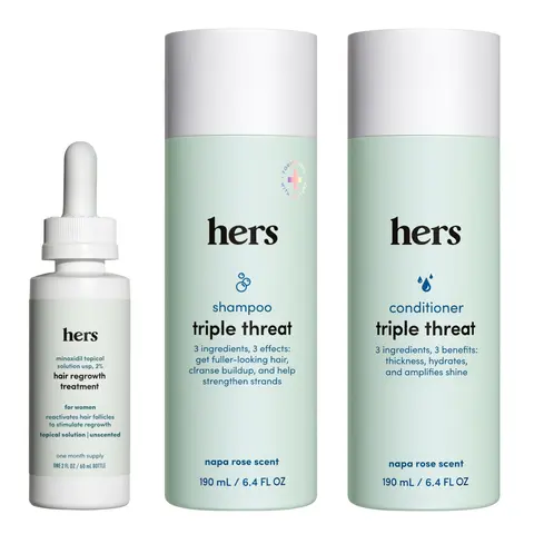 Hers Triple Threat Haircare Kit - 2% Minoxidil Serum, Color-Safe Cleanser Shampoo, Hydrating Conditioner - Daily Use Selfcare Beauty Products, 3-Count Gentle Shampoo and Conditioner Set