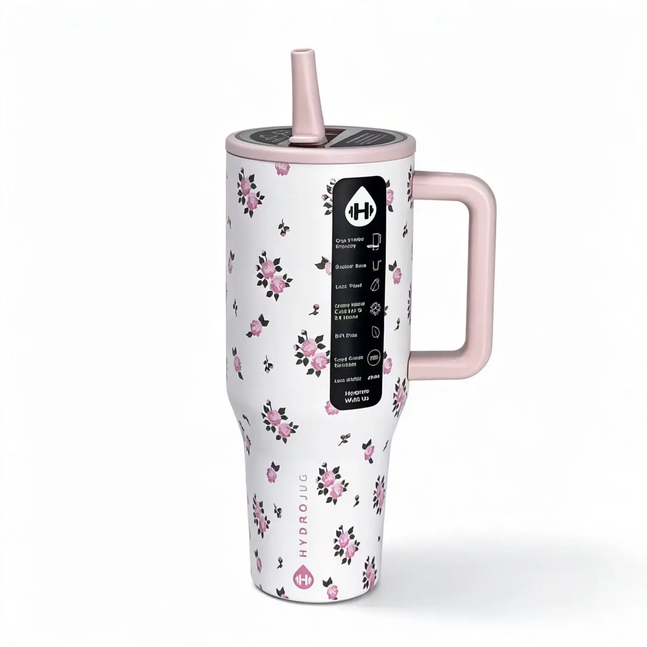 HydroJug 40oz Pink Floral Rose Insulated Stainless Steel Travel Tumbler - Drinkware Flask with Pink Handle, Flip Straw Lid, Vintage Small Flower Print, Double Wall, 24hr Cold Retention, Leakproof, Cup Holder Friendly, Cute Aesthetic Gift for Women, Flasks