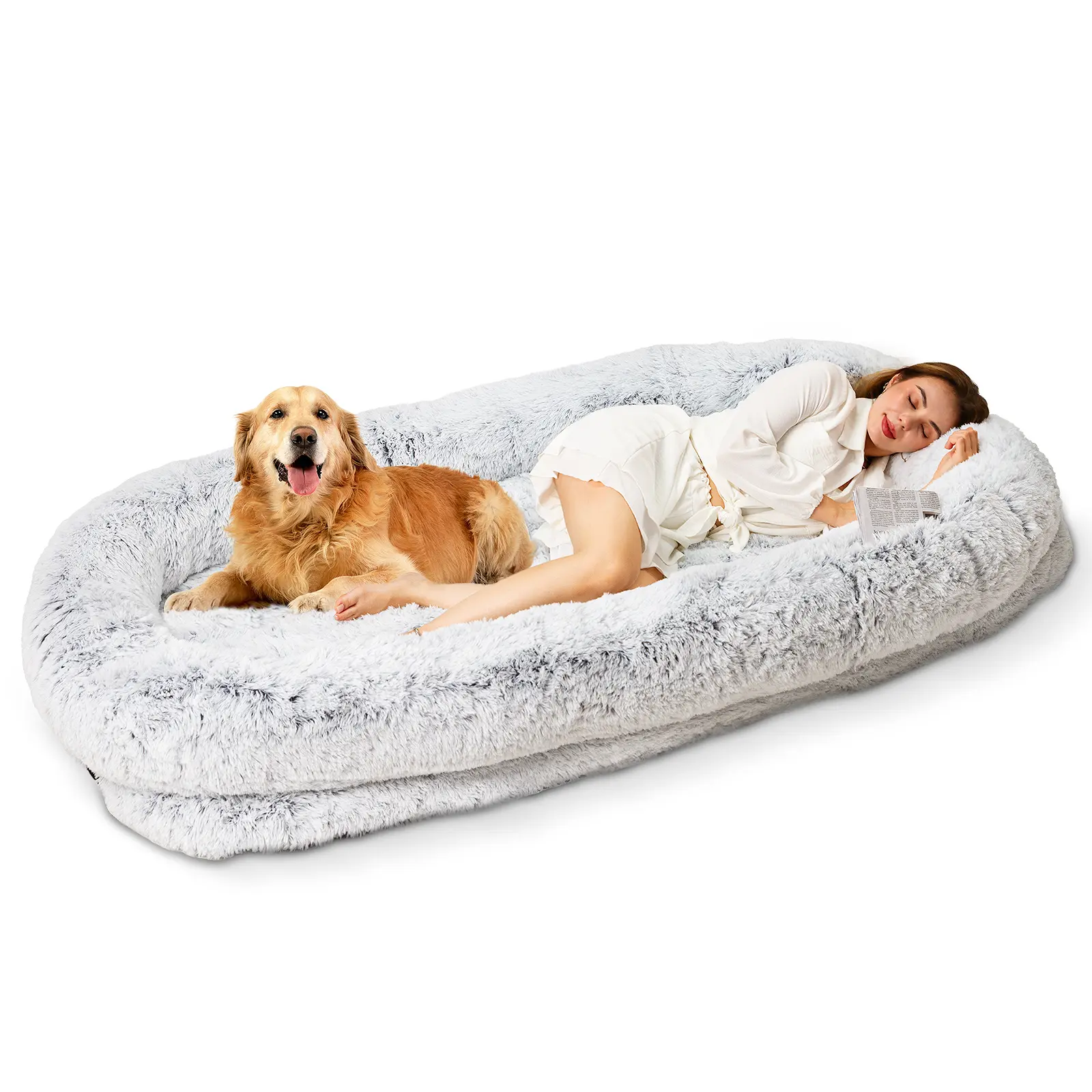 Human Dog Bed Oval Calming Donut Cuddler Shag Faux Fur Cat puppy Bed Washable Round Pillow  Luxury Pet Bed for dog cat Litter Box Enclosure Paws