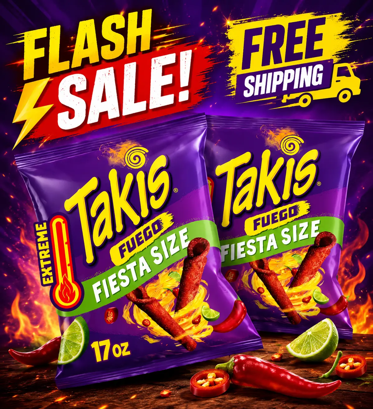 Takis Fuego 17 oz Fiesta Size Bag, Hot Chili Pepper & Lime Flavored Extreme Spicy Rolled Tortilla Chips (Pack of 2)