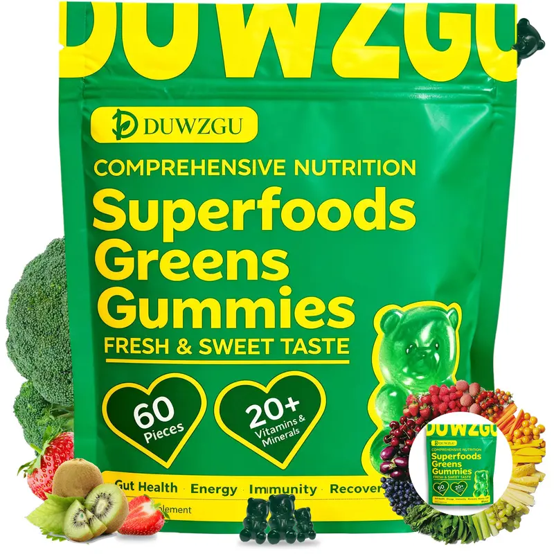 Duwzgu VerveCore Adult Sugar-Free Super Green Fruit Gummies - Healthy Super Vitamin Fruit Sticks with Spirulina, Chlorella, Fiber, Prebiotics & Adaptogens for Digestion & Calm, 20 Vitamins