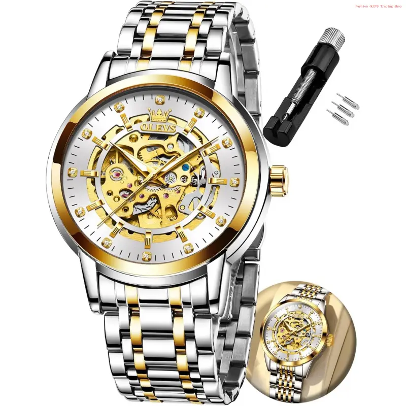 Fashion Brand OLEVS Automatic Watch for Men Luxury Diamond Self Winding Multifunctional Men's Calendar Watch Stainless Steel Waterproof Luminous Male Watch
