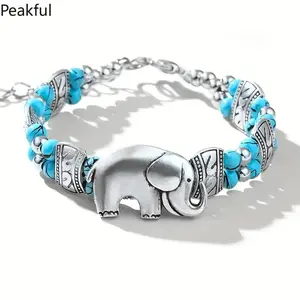 Ethnic Elephant Bracelet Handmade Turquoise Beads Animal Charms Bracelets & Bangles for Women Girls Party Festival Jewelry Gifts