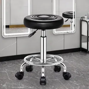 Beauty Stool, 360-degree Rotation Wheel Bar Stool, Height Adjustable Salon Chair, Faux Leather Cushioned Office Shop Stool, with Metal Frame (Black)
