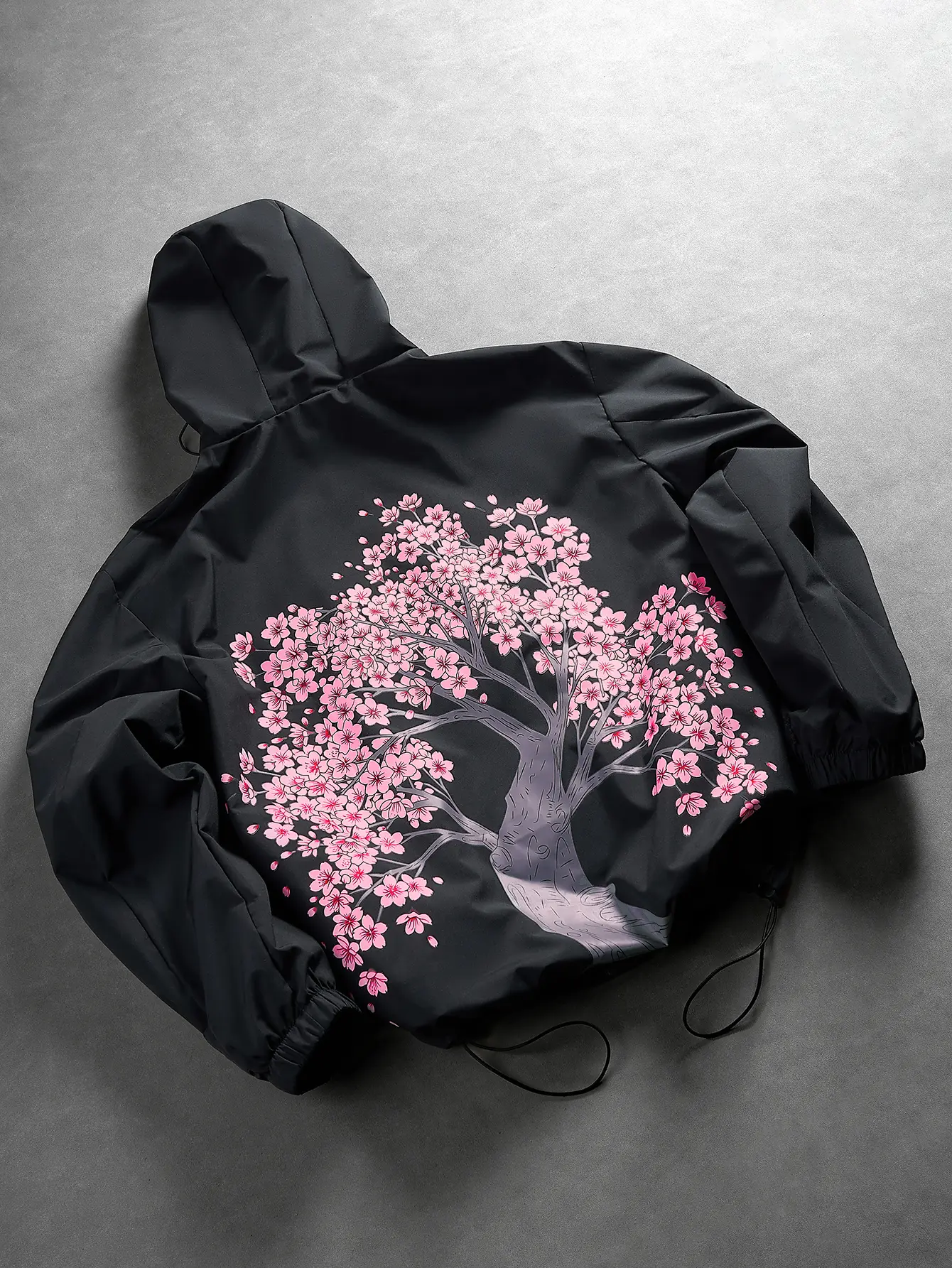 Men's Lightweight Polyester Hoodie Jacket - Urban Casual Tops with Large-Area Cherry Blossom Back Print, Adjustable Hood, and Drawstring Hem (Woven Fabric)