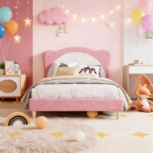 Twin Upholstered Bed Frame for Kids - Cute Velvet Princess Platform Bed with Panda-Shaped Headboard for Girls/Boys, Solid Wood Slats Support, No Box Spring Needed, Pink+White