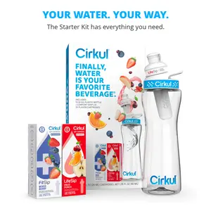 Cirkul 22 oz Plastic Water Bottle Starter Kit with Blue Lid and 2 Flavor Cartridges (Fruit Punch & Mixed Berry)