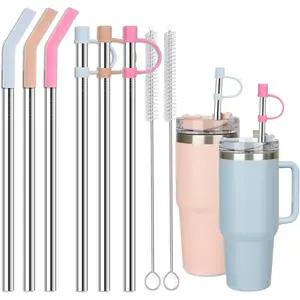 Stainless Steel Straws with covers fit Stanley 40 oz tumbler, Reusable 12 Inch Metal Straw with Silicone Tips & Cover Caps, Compatible with Stanley Quencher H2.0 (6 Pack: 3 Bent + 3 Straight)