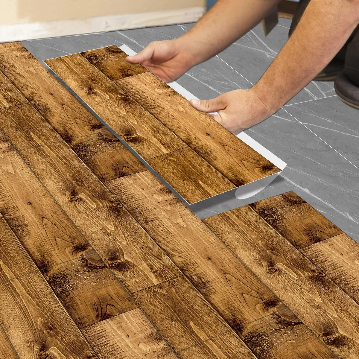 Wood Grain Pattern Floor Sticker, 5/10/20pcs Elegant Vintage Self-adhesive Removable Floor Sticker, Decorative Floor Sticker for Home Living Room Bedroom Kitchen, Home Decor
