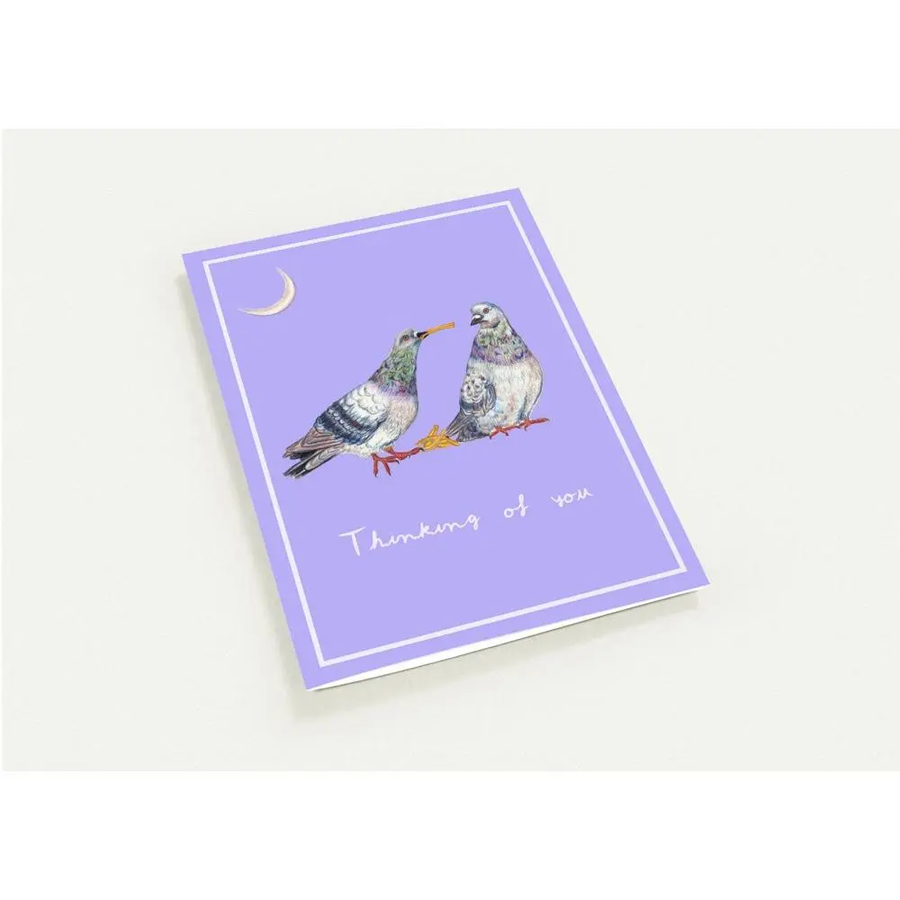 Hand drawn thinking of you card with two pigeons together under a crescent moon, with a periwinkle inside, Pack of 10