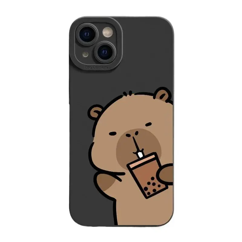 Cartoon Cute Capybara Matte Angel Eye TPU Cellphone Case - Bubble Tea Design, Shockproof, Snug Fit Multi-Model Accessory for iPhone 16,15,14,13,12,11 Pro Max,12-13 Mini,XS,XR,X,8,7 Plus