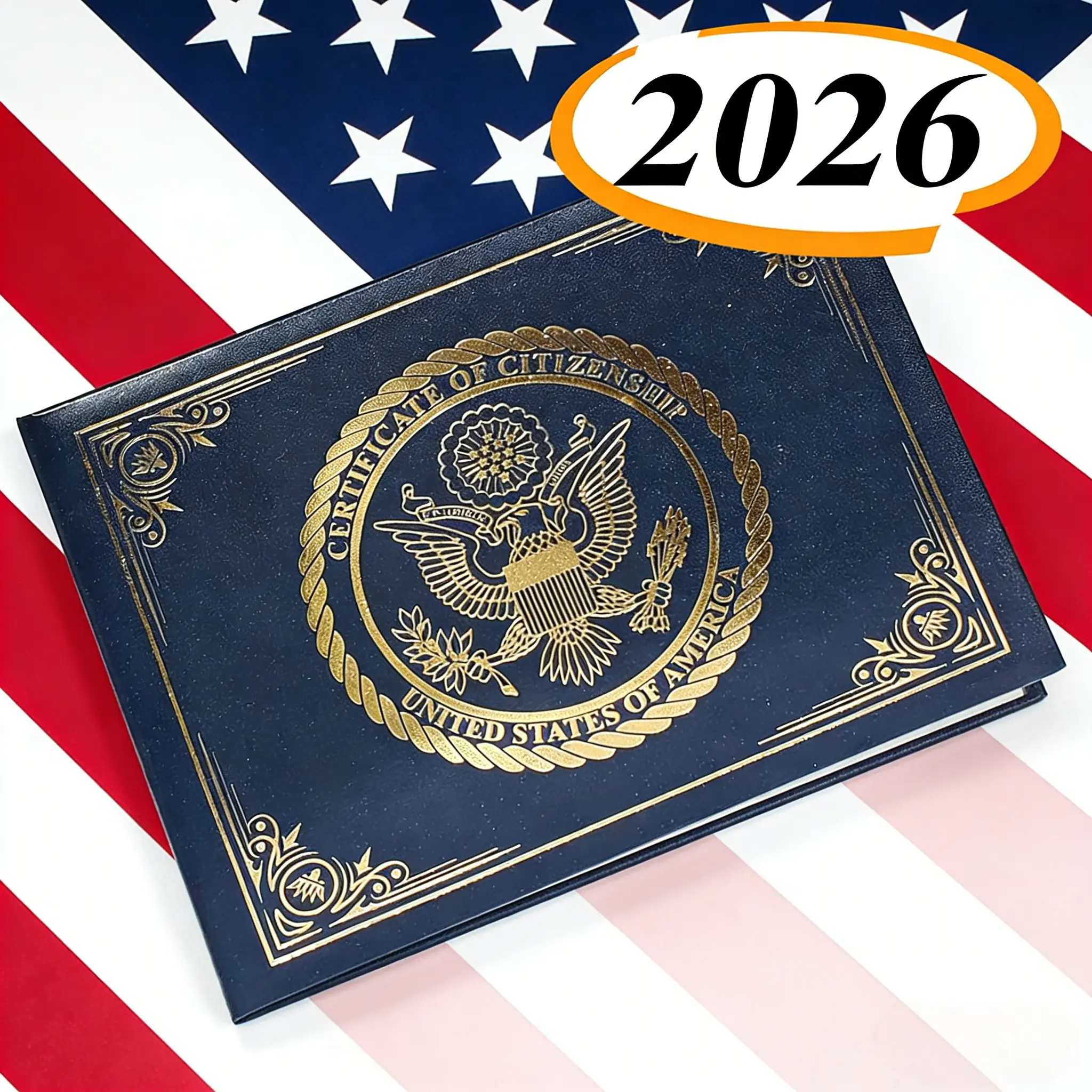 US Citizenship Certificate Holder - Navy PU Leather Padded Cover with Gold Foil Emboss, 14th Amendment Flag, Corner Ribbons, 8.5"x11" 2018-2026 Fit, 12.3oz Luxurious Feel, Ideal for Family Members, Friends (Office Desk Organizer Accessory)