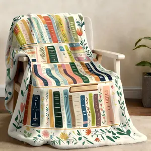 1 piece of literary spine and flower theme blanket, Flannel blanket, covered with colorful book spines, plant and flower elements, soft and comfortable bedroom, living room sofa cover, camping blanket, Soft Fluffy Blanket