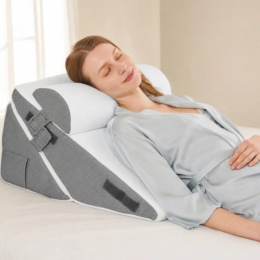 Sasttie Wedge Pillow Set for After Surgery, 2PCS Adjustable Bed Wedge Pillow Headboard with Memory Foam Neck Cushion – for Acid Reflux, Sleeping, Neck & Back Support, Dark Grey & White