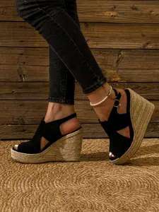 Women's Peep Toe Wedge Slip-On Sneakers, Textile & Rubber Sole, Medium Width All-Season Casual Shoes, Plain Design Comfortable Footwear