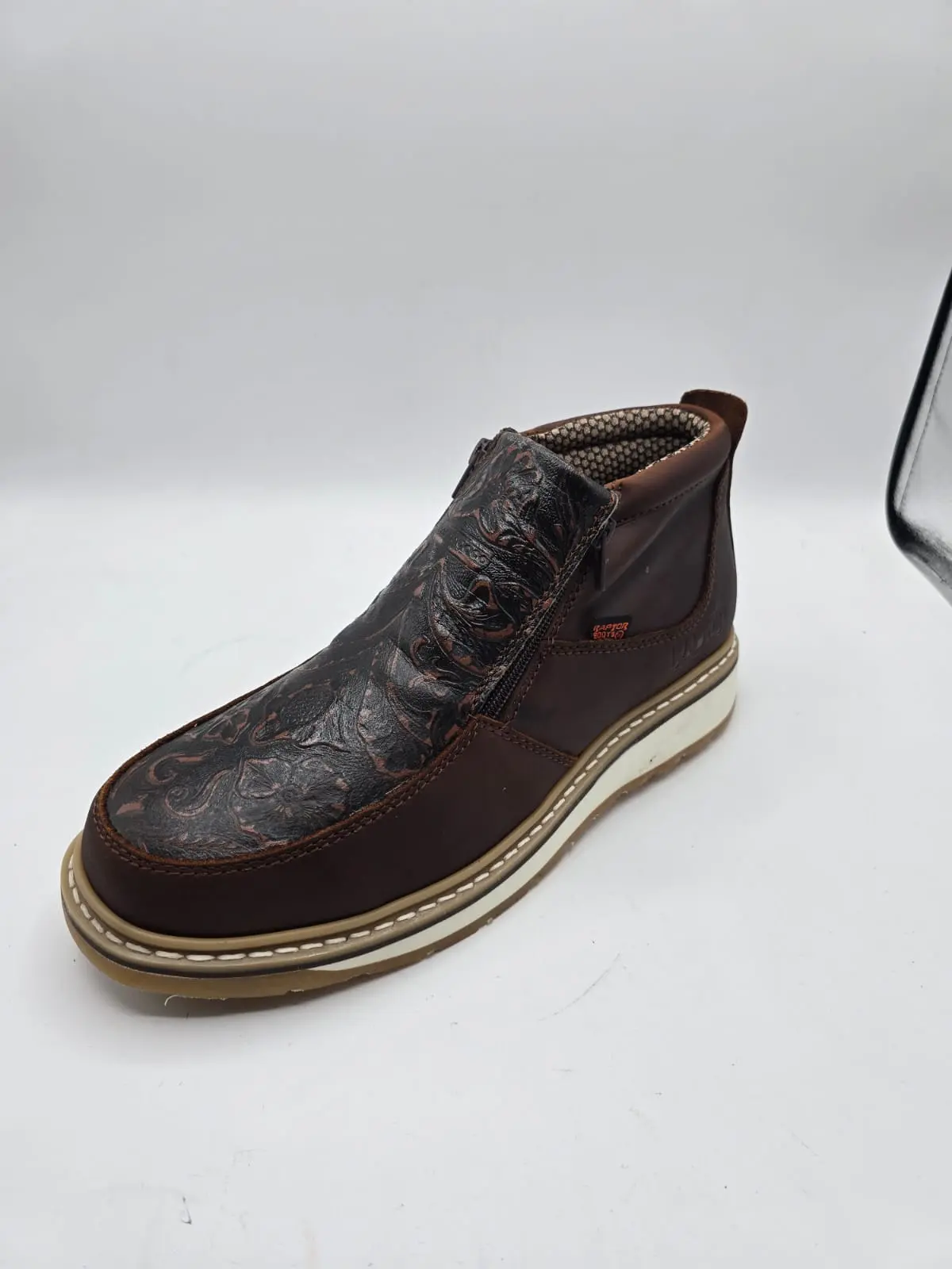 Raptor Boots - Non Slip zipper shoe casual with tooled print dark brown EXTRA comfort