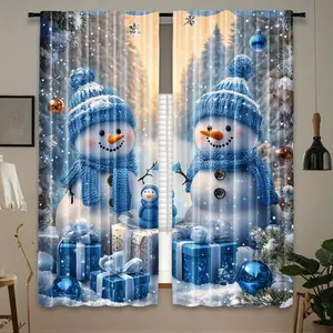 2-Piece Set,Christmas Snowman Winter Landscape Blue Printed Curtains, Window Curtain, Merry Christmas Holiday Theme Print, Rod Bag Translucent, Machine Washable, Modern Holiday Decor, Suitable for Home Decor, Holiday Patterns, Home decoration curtain