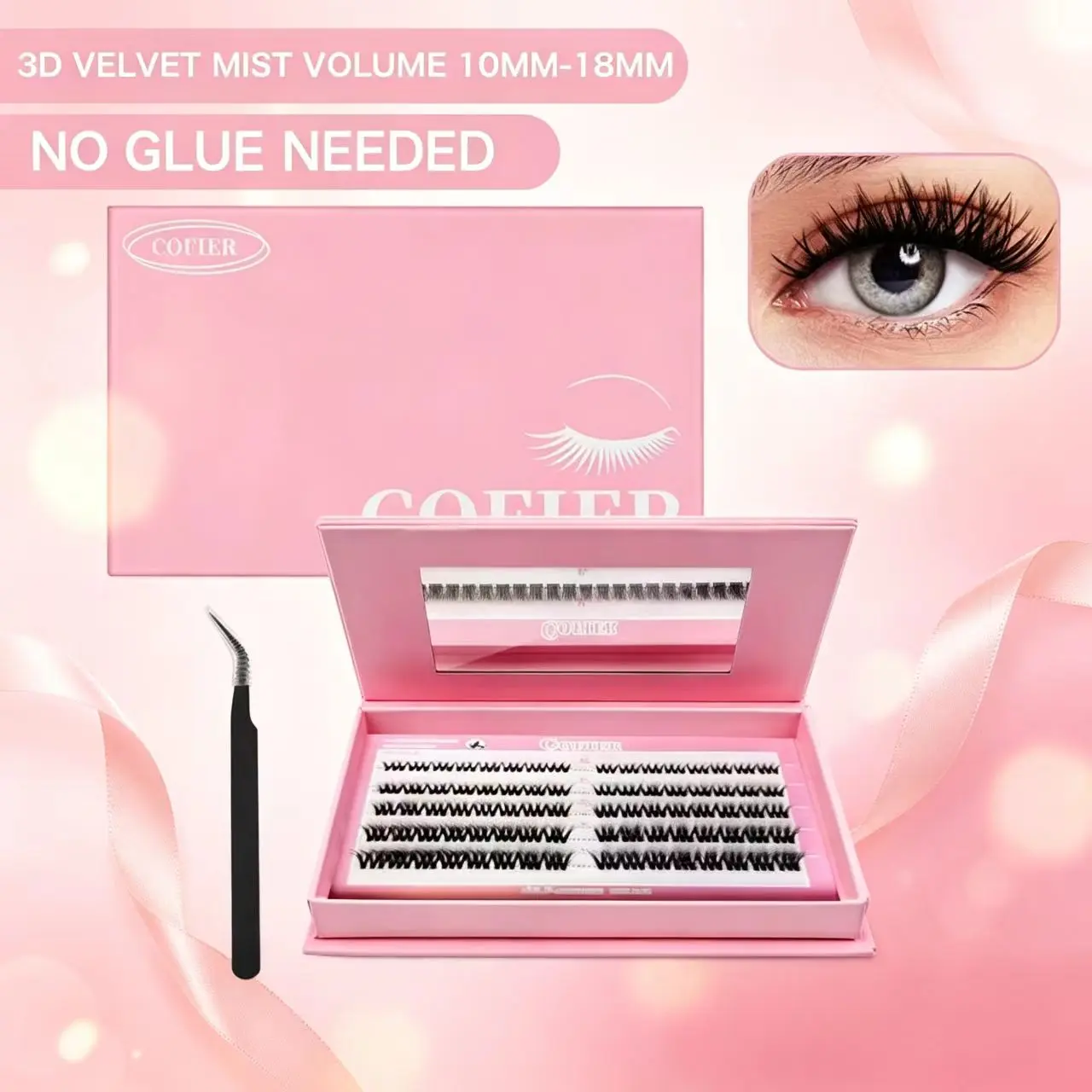 【Brand New Aria 】Cofier No Glue Individual Lash Kit, Beginner Friendly No Glue Lash, Jelly-Coated Self Adhesive False Eyelashes with Tweezers, Easy Application,  Kit 80/90/100Pcs