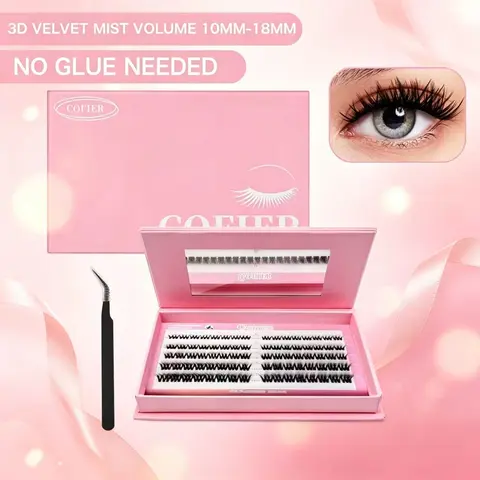 【Brand New Aria 】Cofier No Glue Individual Lash Kit, Beginner Friendly No Glue Lash, Jelly-Coated Self Adhesive False Eyelashes with Tweezers, Easy Application,  Kit 80/90/100Pcs
