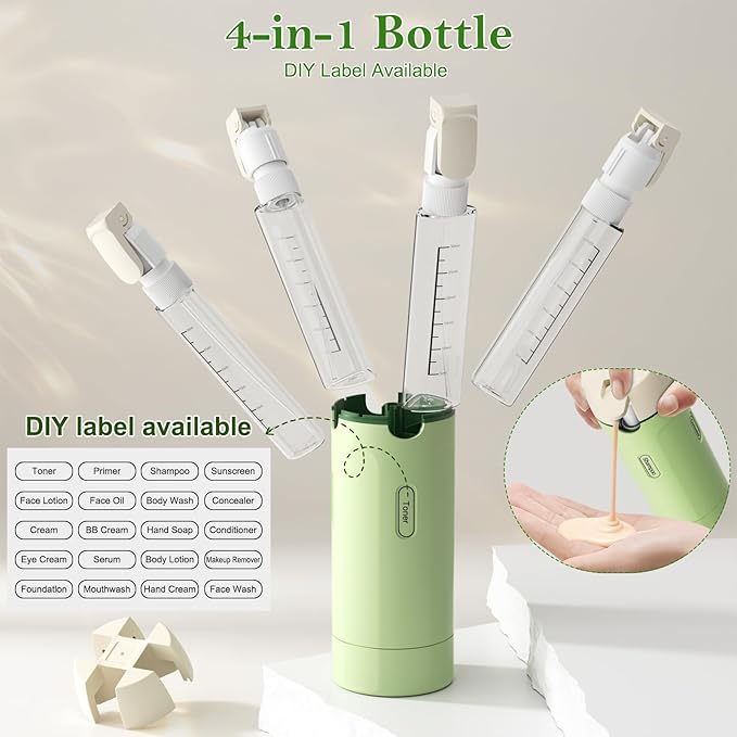 4 in 1 Refillable Travel Bottles Leak Proof Toiletries Dispenser Portable Shampoo Container