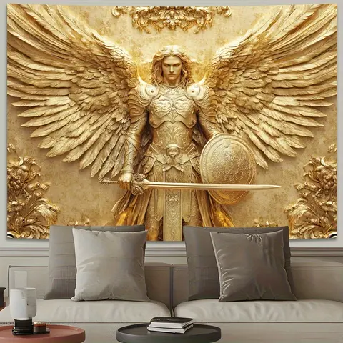 1pc Print Archangel Saint Michael Gram-Style Wall Hanging Tapestry, Smooth Lightweight Gold Polyester Peach Skin Banner with Hanging Mount, Holiday Birthday Home Supplies Living Room Decor Gift