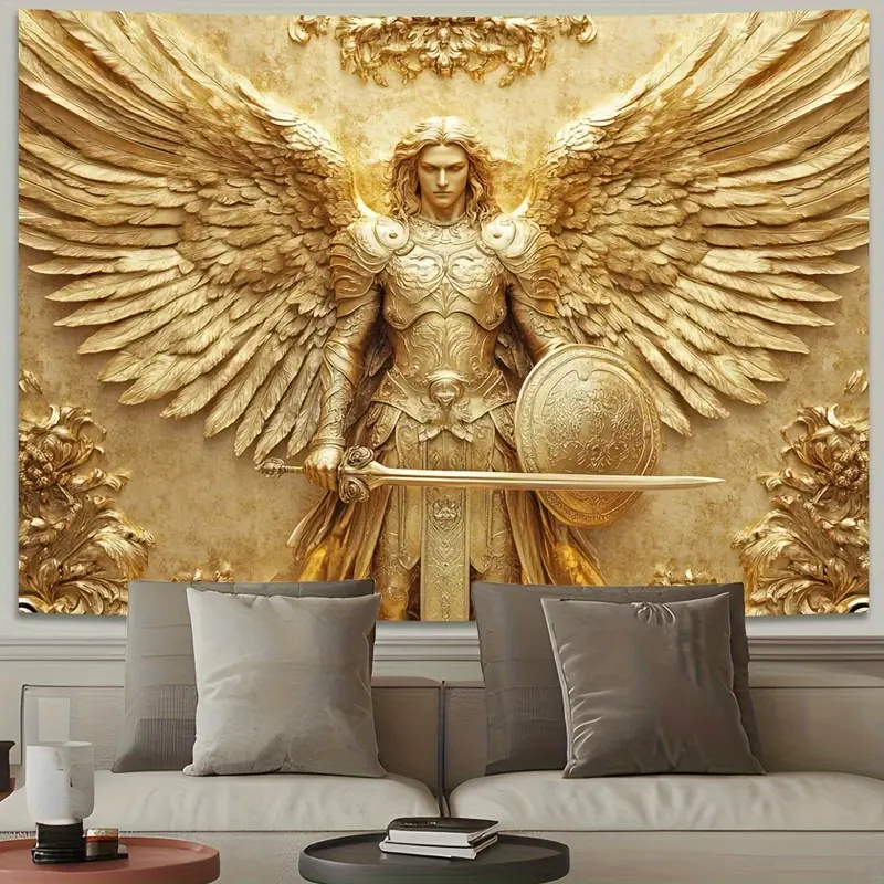 1pc Print Archangel Saint Michael Gram-Style Wall Hanging Tapestry, Smooth Lightweight Gold Polyester Peach Skin Banner with Hanging Mount, Holiday Birthday Home Supplies Living Room Decor Gift