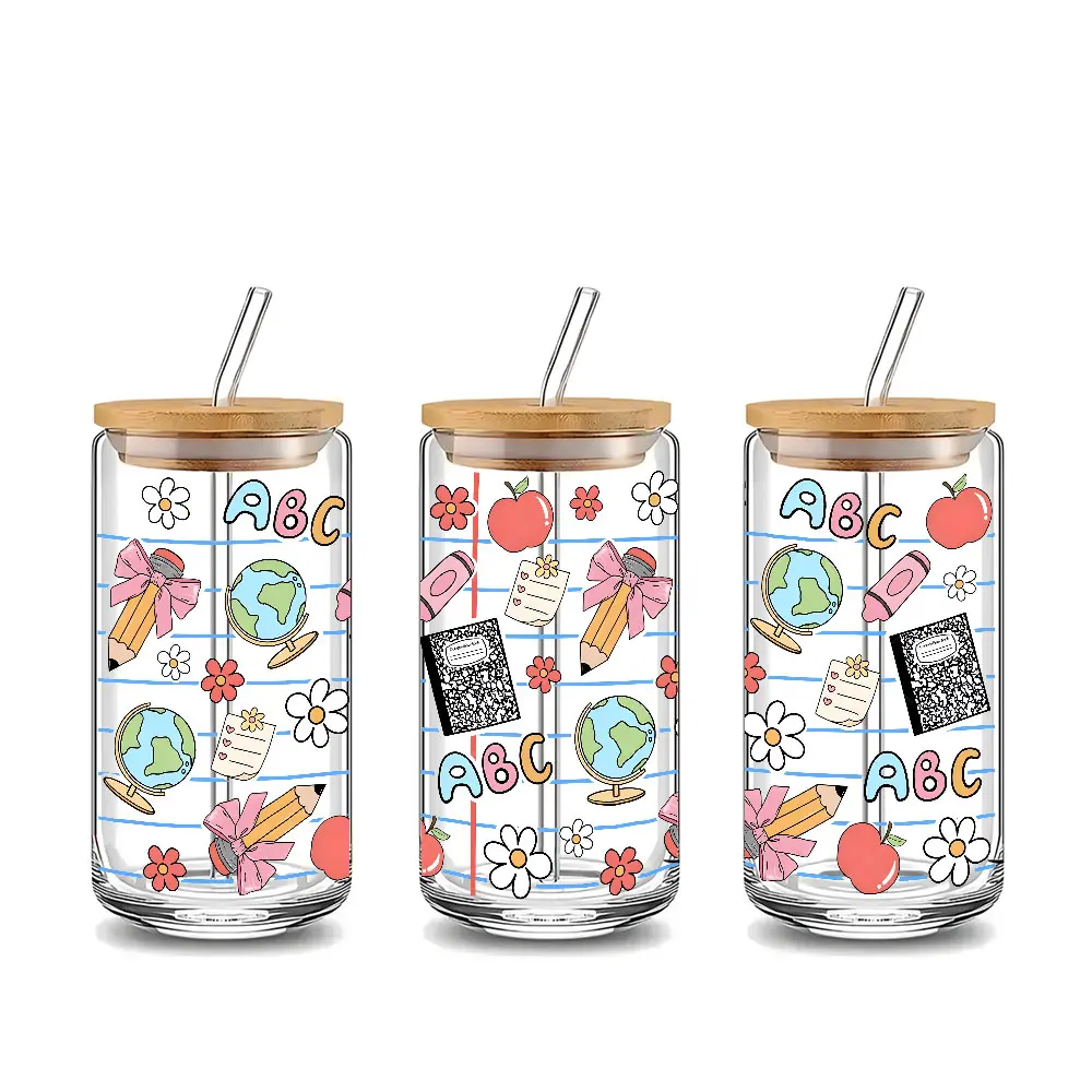 Back to School Apple Pencil Globe Design 16oz Glass Can Cup, Tumbler, with Lid and Straw, Reusable Glass Drinking Cup, Glass Jar for Iced Coffee, Cold Drinks, Cute School-themed Glassware, Perfect Gift for Teachers, Students