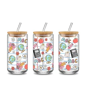 Back to School Apple Pencil Globe Design 16oz Glass Can Cup, Tumbler, with Lid and Straw, Reusable Glass Drinking Cup, Glass Jar for Iced Coffee, Cold Drinks, Cute School-themed Glassware, Perfect Gift for Teachers, Students