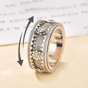 Rotatable Gear Ring Full Star Inlay Pattern Unisex Fashion Adjustable High Quality Daily Wear Date Outfit Anniversary Gift