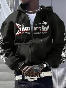 This men's printed zip-up hoodie features a collegiate-style letter and star print pattern, a relaxed fit, and is suitable for all seasons. It's a versatile and fashionable item.