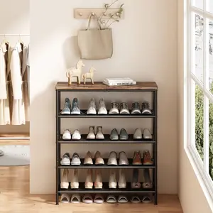 Shoe Rack Organizer 4/ 5/ 6/ Tier Metal Organizer Shelf with Industrial MDF Board and Layer Fabric for Entryway Closet Bedroom Living Room Garage,Black & Rustic Brown【A001】 Deals For You Days Footwear Organization