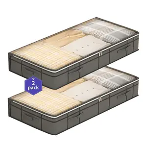 2-Pack Foldable Large Capacity Under Bed Storage Bags(100cm x 50cm 18cm), Clear Stackable Storage Bins, Closet Organization, Stackable, Transparent Window, Handle, Durable Polyester, Underbed storage containers，Drawer Organizer，Ideal for Clothes, Blankets
