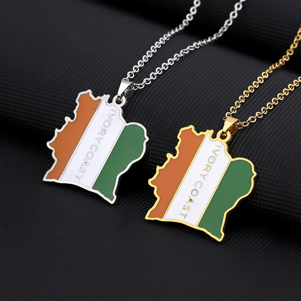 Hot-Selling Stainless Steel Cote d'Ivoire Map & Flag Copper Necklace, Plain Pattern Fashion Accessory for Couples, Aesthetic Appeal Jewelry for Birthdays
