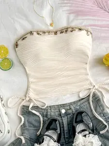 Light Apricot Textured Solid Color Shell Lace Decorated Tube Top with Lace Side Top Suitable for Summer Beach Vacation