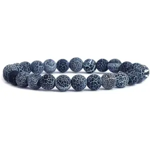 Dark Blue Weathered Agate Gemstone 8mm Round Beads Stretch Bracelet 7 Inch