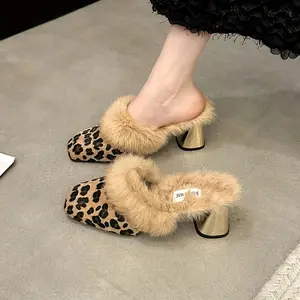 Moccasin Women 2024 New Autumn And Winter Outdoor Half with Dress Versatile High Heels One Slip-On Chunky Heel Elegant Women Shoes