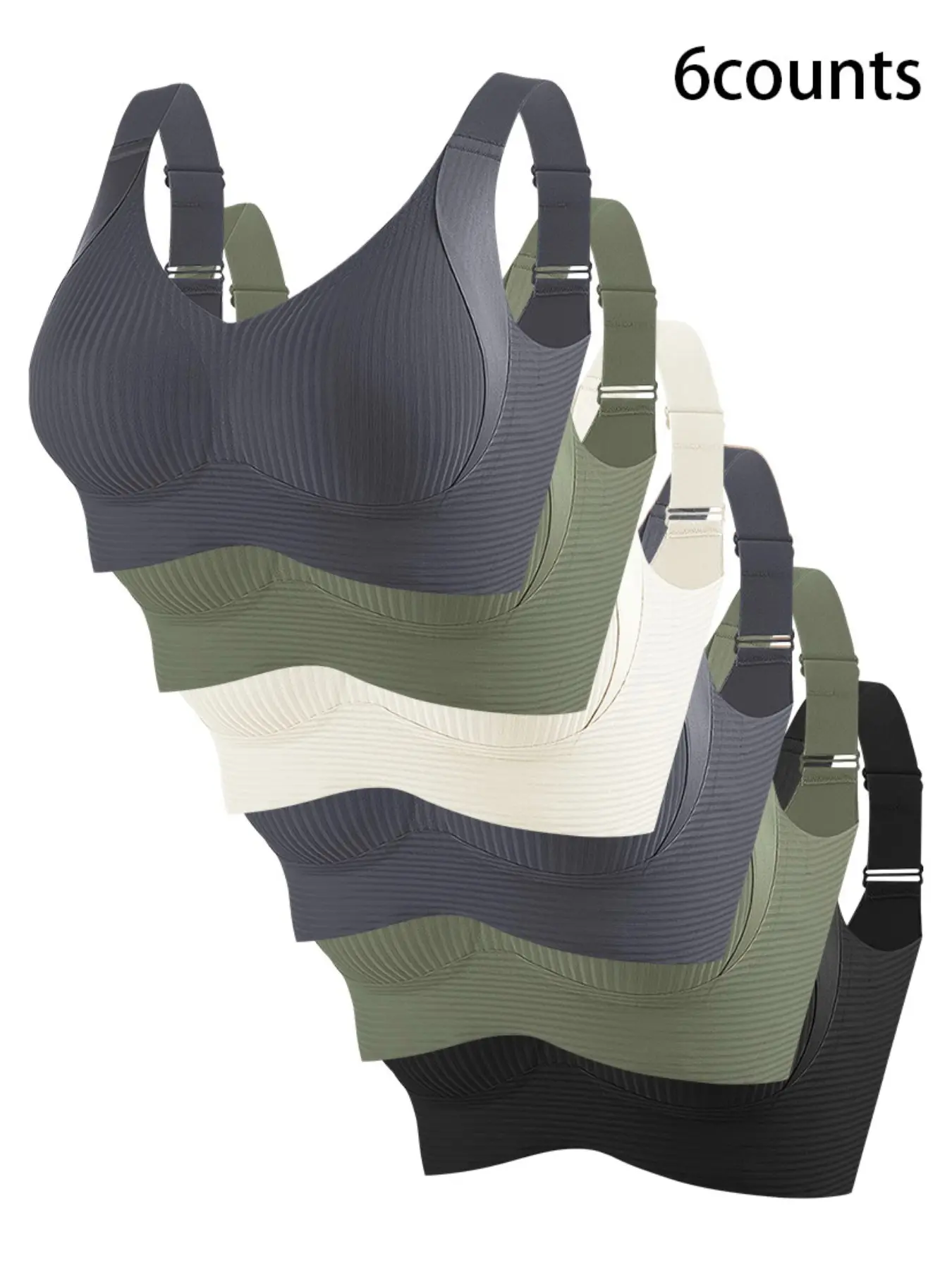 6-Pack Women's Lifted Support Bras, Anti-Sag Adjustable, Breathable Seamless Wireless, Detachable Pads, Wide Straps, Moisture-Wicking Fabric