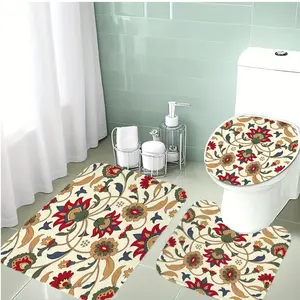 3-Piece Bathroom Mat Set, Plant Floral Pattern, Soft Flannel Material, Non-Slip Toilet Cover Pad & U-Shaped Mat, Holiday Decoration