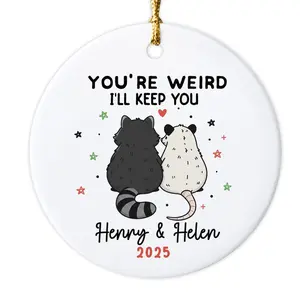 2025 3-in Ceramic Round Ornament, Personalized Customizable Name Bestie Keepsake with "You're Weird I'll Keep You" Quote, Funny Raccoon & Opossum Design, Vintage Classical Family Decoration, Christmas Gift