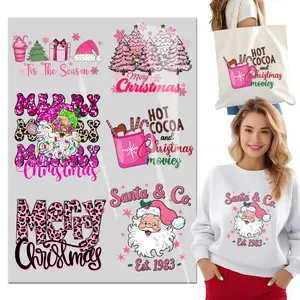 6sheet Cute Pink Merry Chrismas DTF Transfer Iron On Transfer T-Shirt Stickers DTF transfers Ready to Press Transfers DIY for t-Shirt/Bag/Pillow/Clothing Iron on Patches