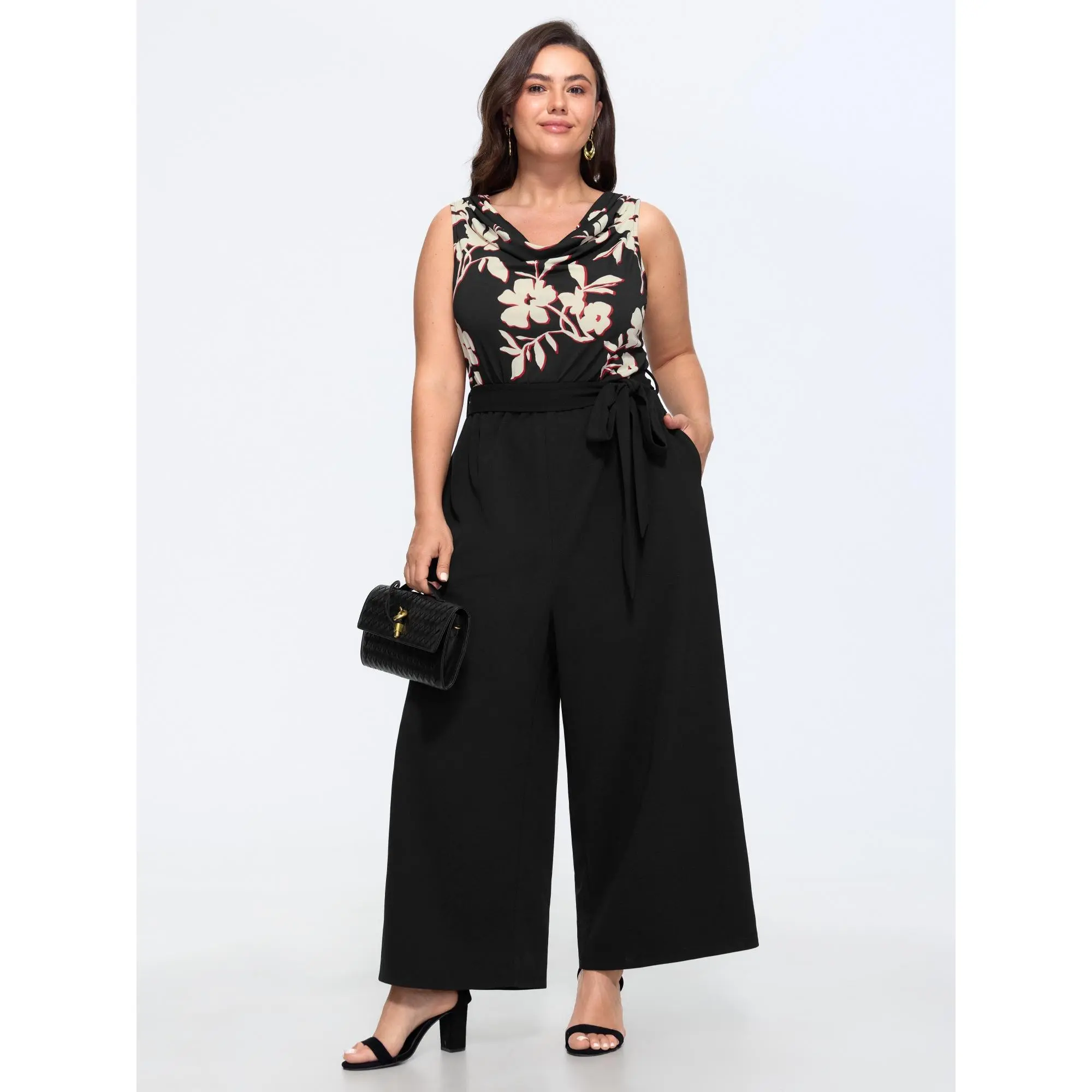BLOOMCHIC Women's Plus Size Spandex Floral Cowl Neck Waist Tie Wide Leg Overalls Garment with Pocket, Fit for Summer 2026 [M-6X], Fabric, Curvy Clothing, Wide Legs
