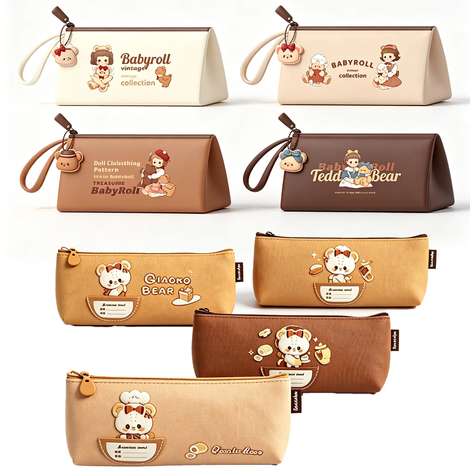 4Pcs Vintage Kawaii Bear Pencil Case, Portable Aesthetic Pen Storage Pouch, Cute Stationery Organizer Bag for Girls Boys Kids, Back‑to‑School Gift Cosmetic Makeup Travel Pouch