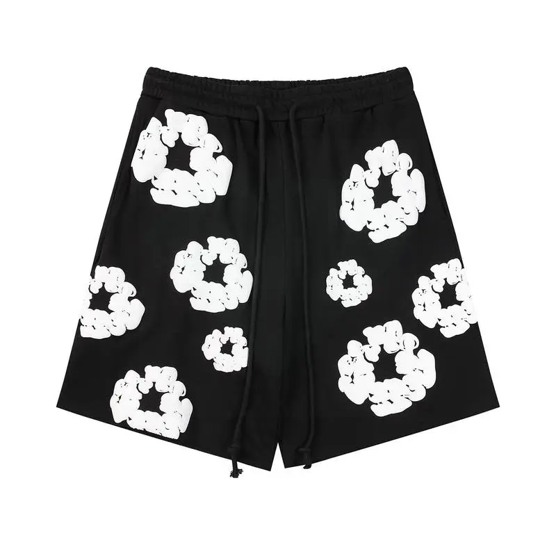 Denim Tears The Cotton Wreath 3D Foam Floral Print 2 Piece Outfit, Oversized Short Sleeve T-Shirt & High Waist Drawstring Casual Shorts, Unisex Hip Hop Summer Set