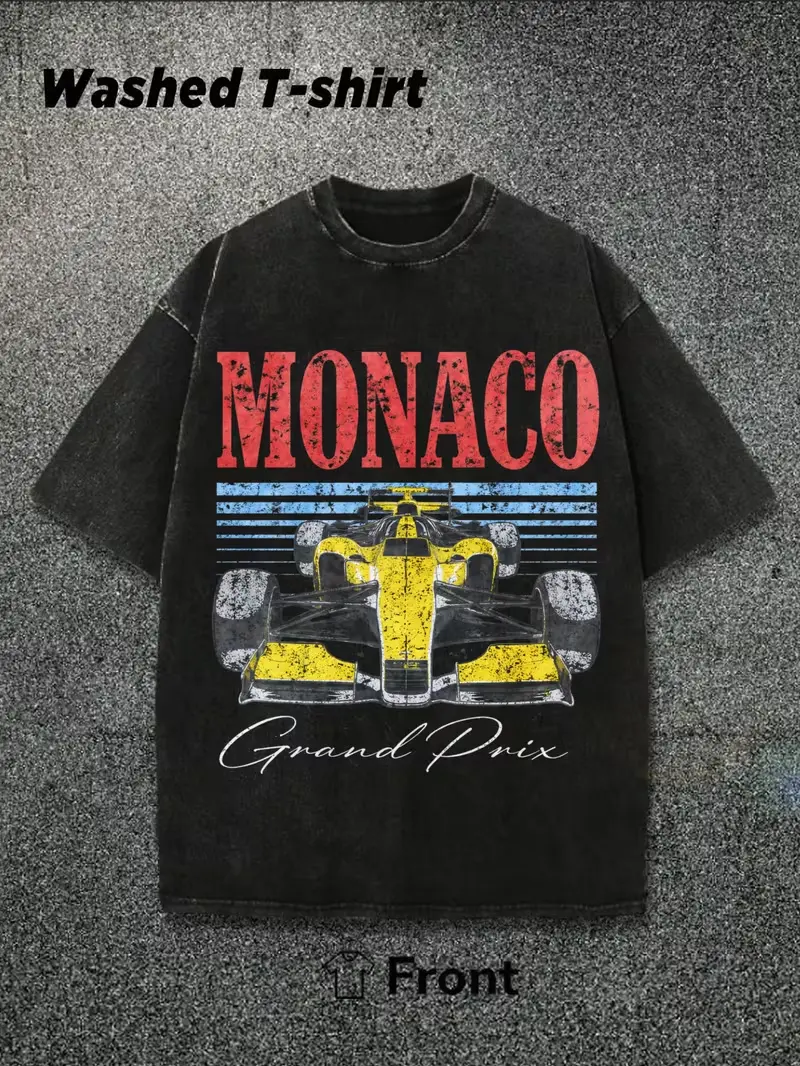 Men's 100% Cotton Y2K Vintage Washed Apricot Printed T-Shirt - Short Sleeve Monaco Grand Prix Year-Round Wear, Machine Washable, Street Style & Versatile