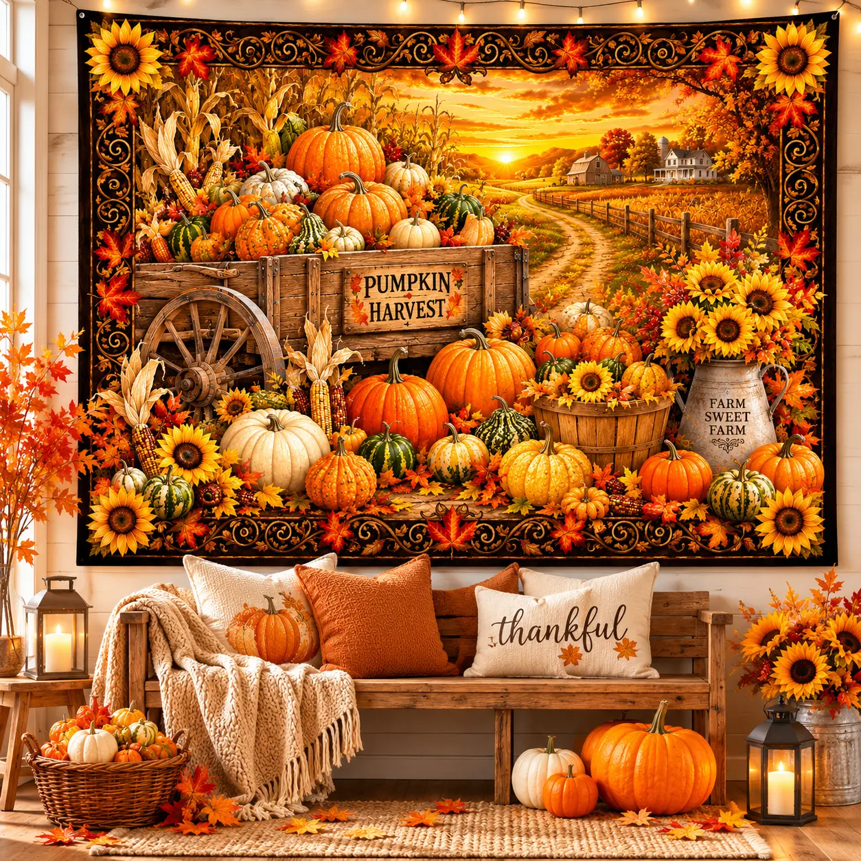 Lightweight Polyester Indoor Fall Harvest Pumpkin Tapestry, Autumn Farmhouse Wall Hanging, Thanksgiving Decor for Living Room, Bedroom