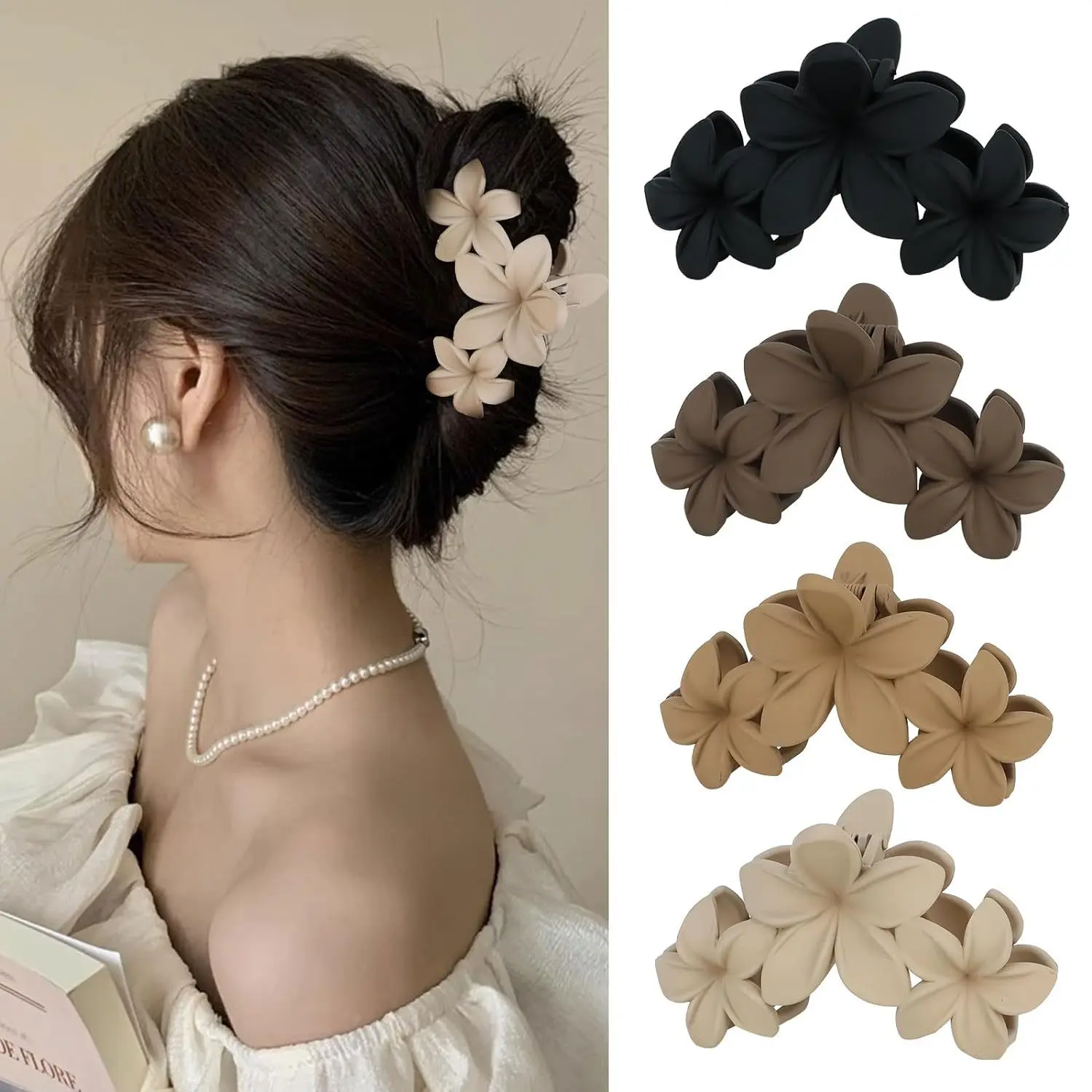 Women's Matte Plumeria Flower Jumbo Non-Slip Spring Jaw Clips - 4 Neutral Colors Large Floral Clips for Thick Hair, Boho Back Bun Vacation Hair Accessory, Flat Claw Clips, Boho Chic Outfits